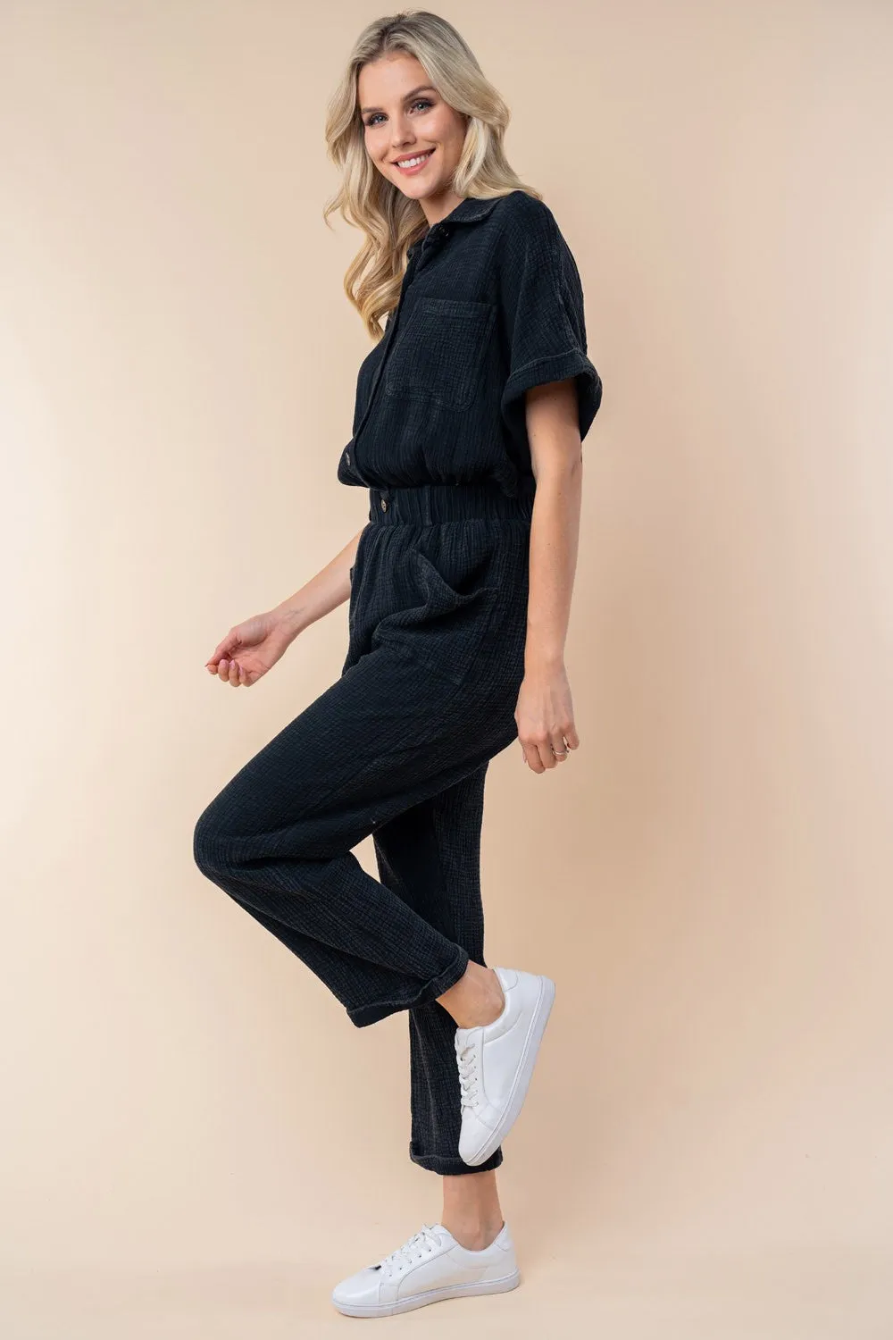 Gauze Button Down Jumpsuit