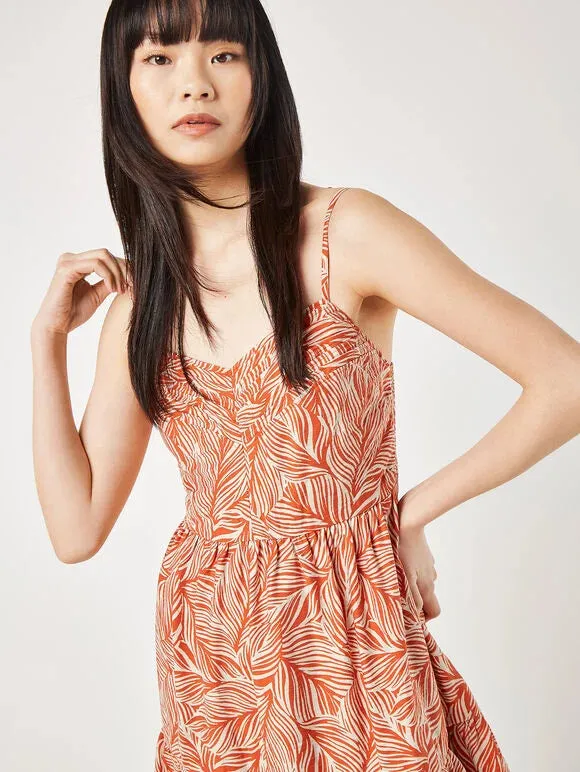 Geo Leaf Pintuck Mini Dress - Orange