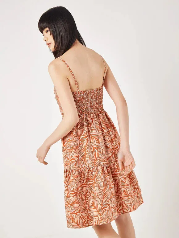 Geo Leaf Pintuck Mini Dress - Orange