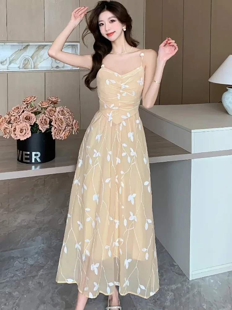 Girlary 2024 New Embroidery Floral Chic Sling Long Dress Women Fashion Bodycon International Dress Summer Korean Elegant Party Vestidos