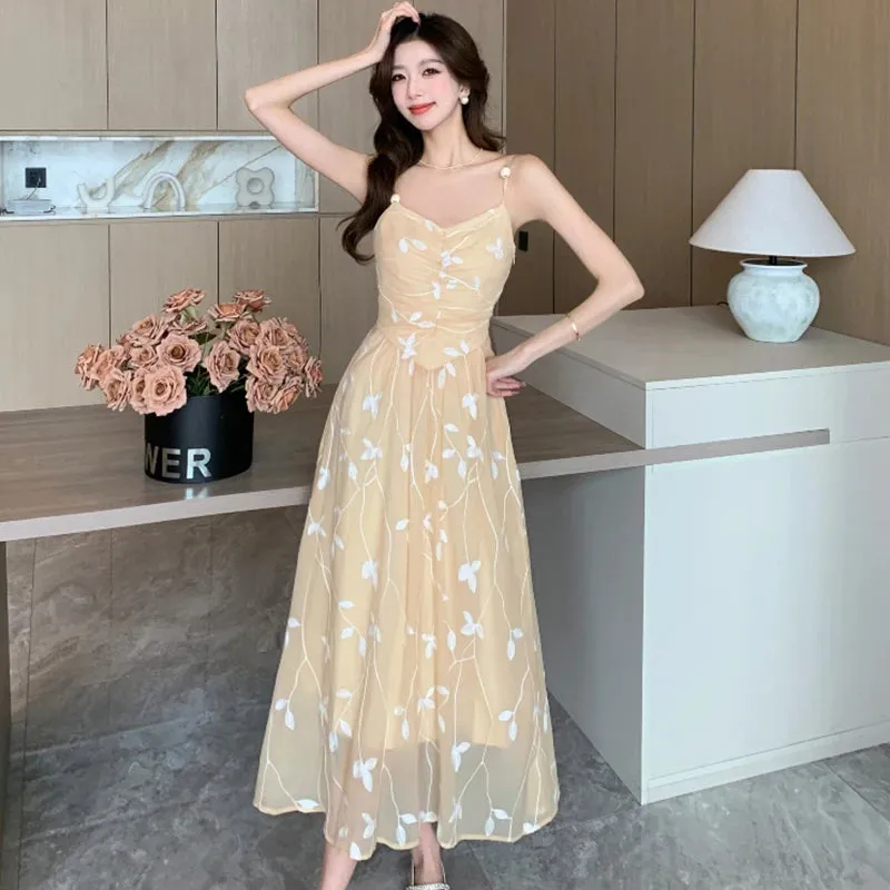 Girlary 2024 New Embroidery Floral Chic Sling Long Dress Women Fashion Bodycon International Dress Summer Korean Elegant Party Vestidos