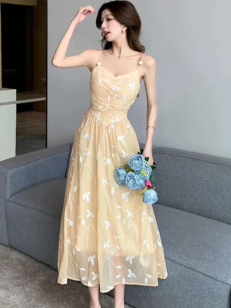 Girlary 2024 New Embroidery Floral Chic Sling Long Dress Women Fashion Bodycon International Dress Summer Korean Elegant Party Vestidos