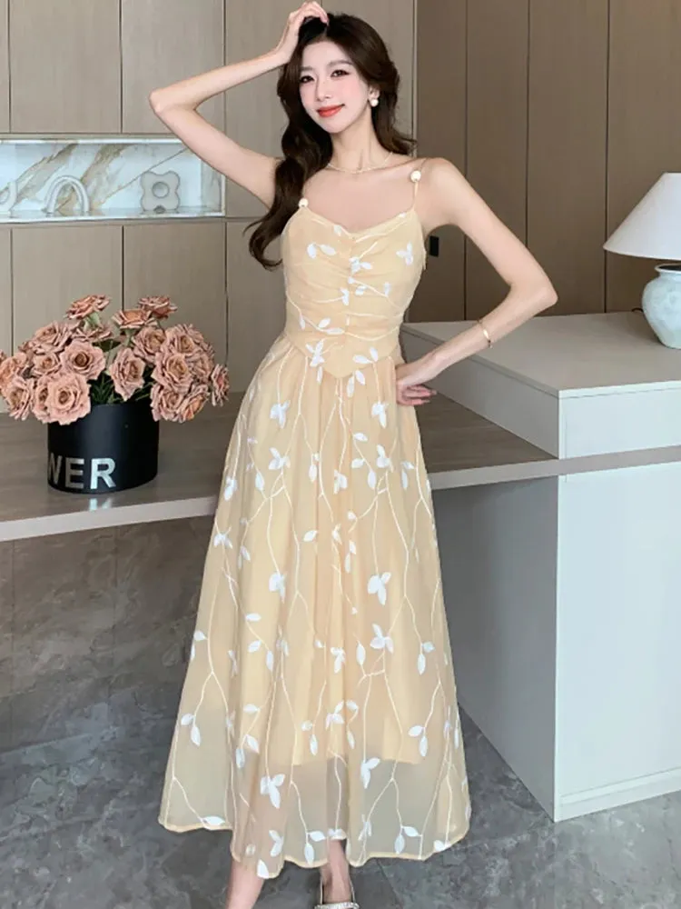 Girlary 2024 New Embroidery Floral Chic Sling Long Dress Women Fashion Bodycon International Dress Summer Korean Elegant Party Vestidos