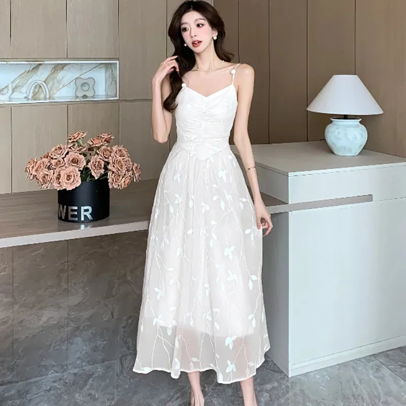 Girlary 2024 New Embroidery Floral Chic Sling Long Dress Women Fashion Bodycon International Dress Summer Korean Elegant Party Vestidos