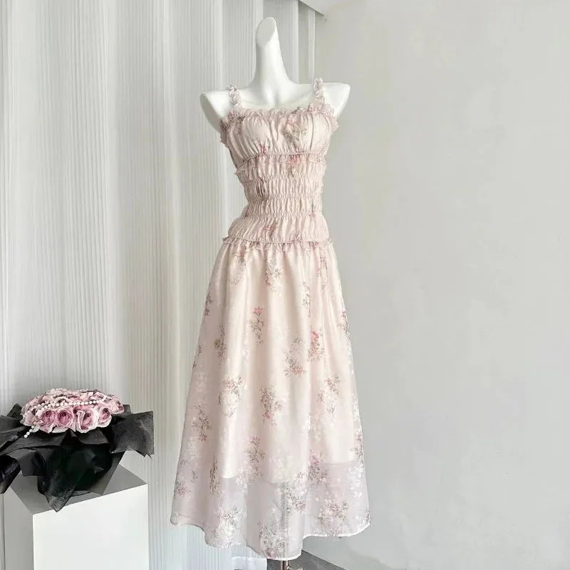 Girlary 2024 Summer Sweet Girly Style Party Dress Women Cusual Sleeveless Pleated Design Floral Strap Dress Korean Cute Midi Dress New