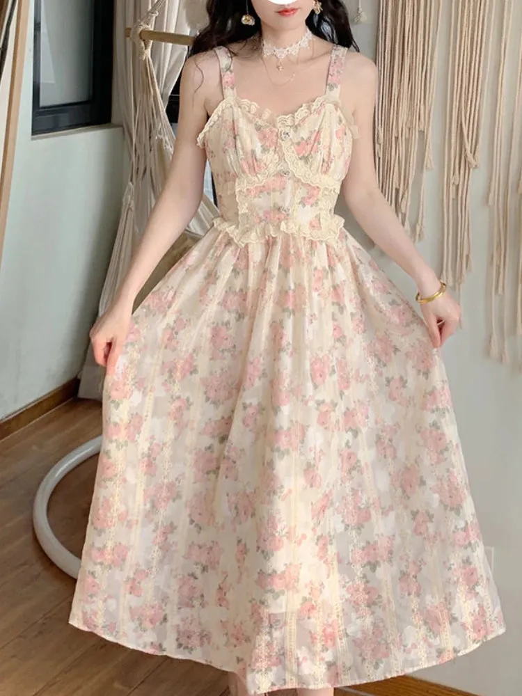 Girlary Elegant Floral Fairy Dress Women Strap Sexy Party Midi Dresses Casual Design Chic Printing High Waist Fashion Female Dress