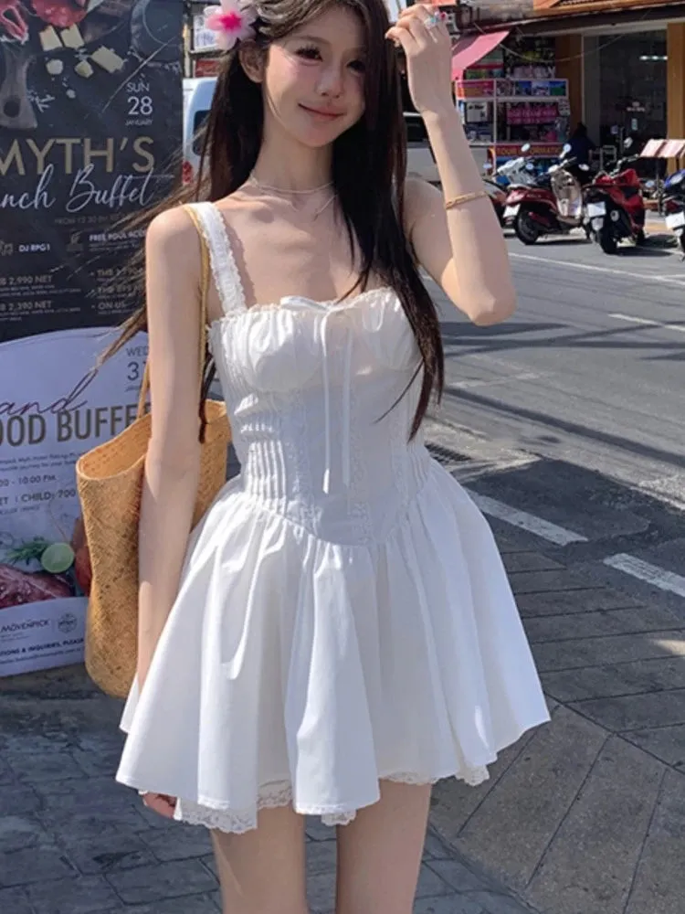 Girlary Korean Chic Summer Short Dress Women New Spaghetti Strap Solid A-line Holliday Beach Party Dresses Y2K Kawaii One Piece Vestido