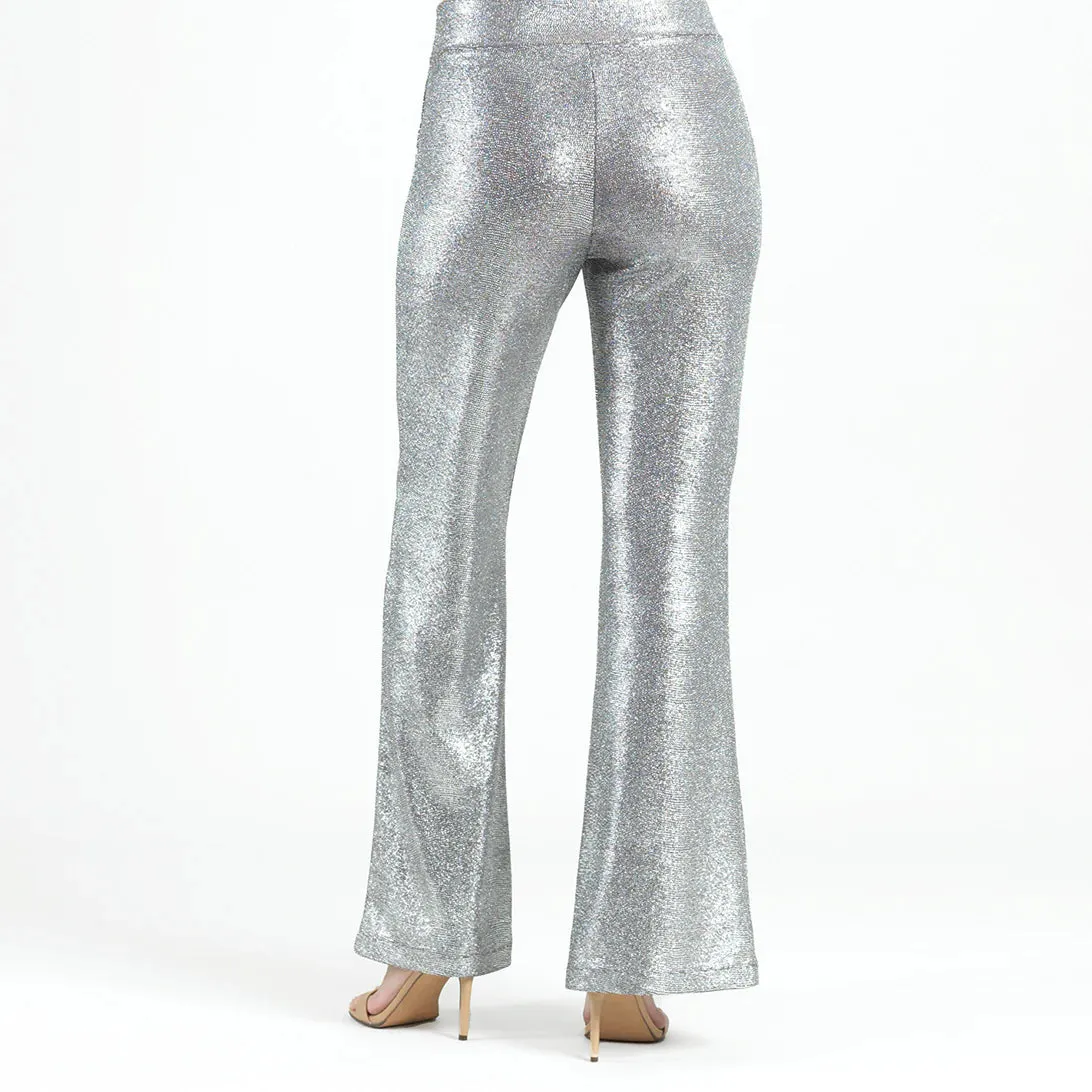 Glitter Foil - Kick Front High Slit Pant - Gunmetal