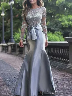 Gorgeous Mermaid Long Sleeves Gray Beaded Long Prom Dresses, Mermaid Gray Formal Dresses, Beaded Gray Evening Dresses