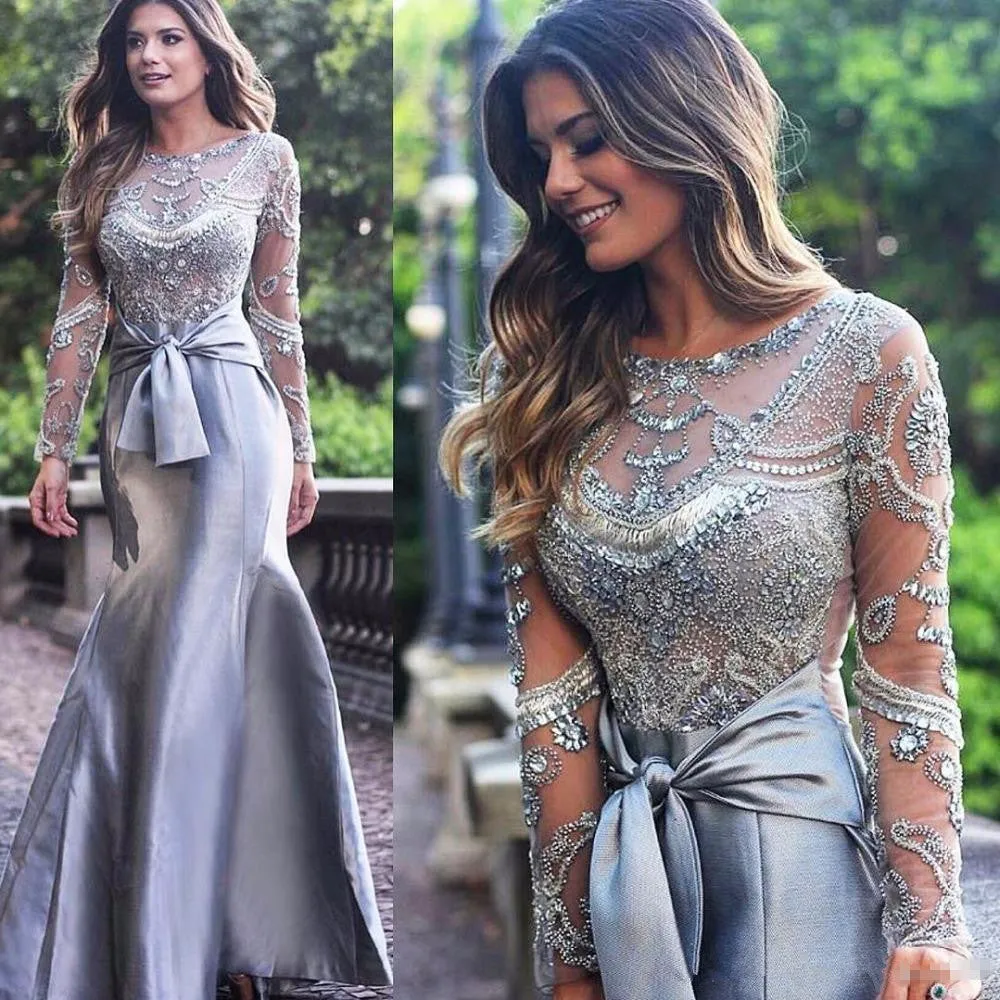 Gorgeous Mermaid Long Sleeves Gray Beaded Long Prom Dresses, Mermaid Gray Formal Dresses, Beaded Gray Evening Dresses