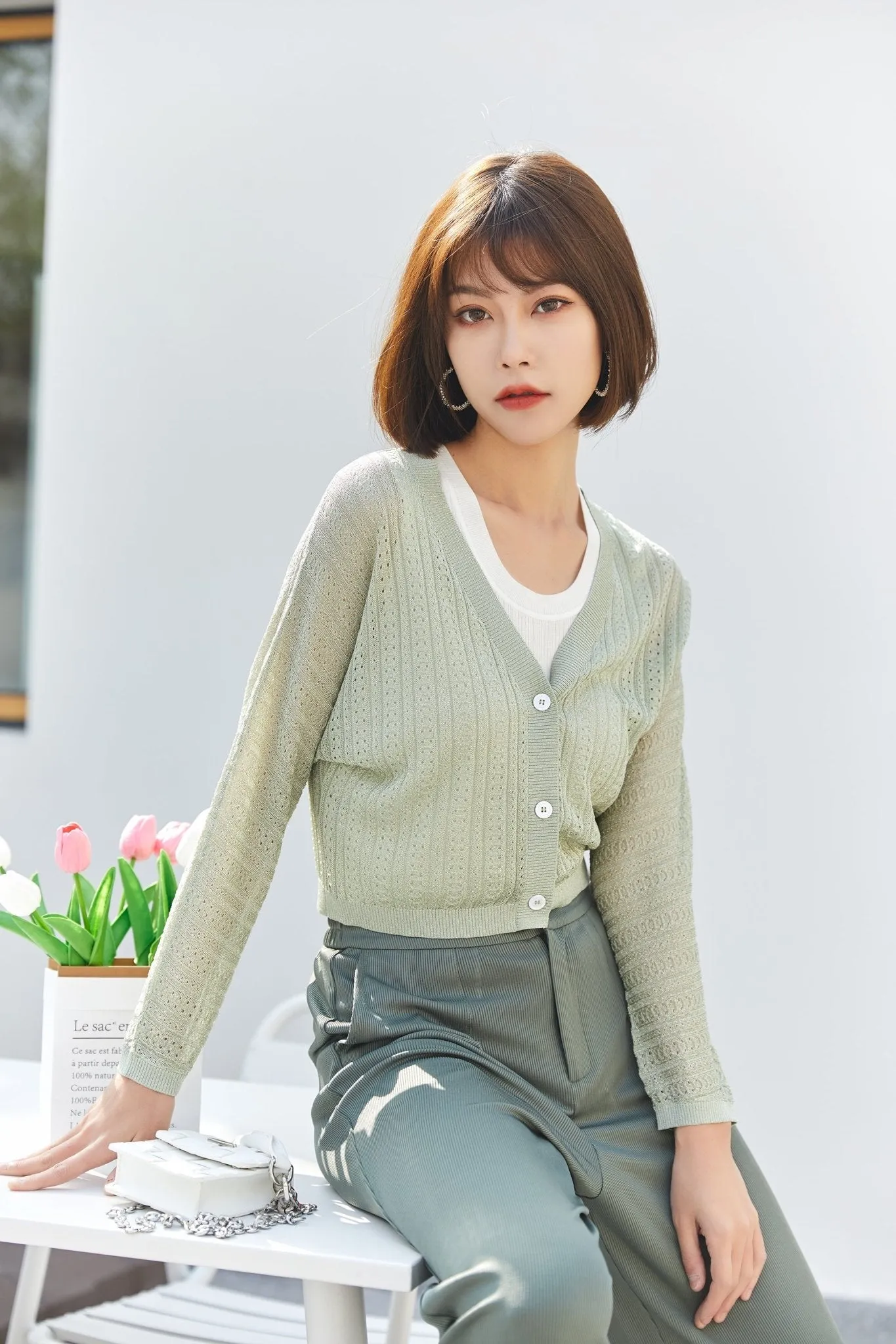 Grass Green Knitted Hollow Cardigan