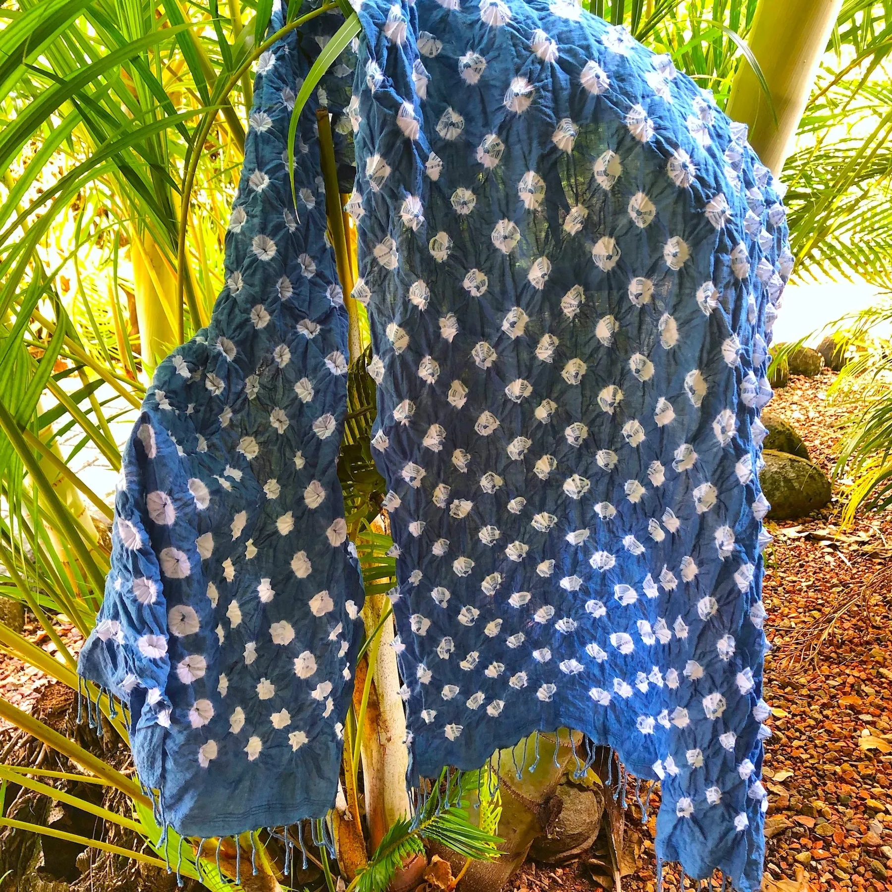 Hand Dyed Indigo Bandhani Scarf with Fringe