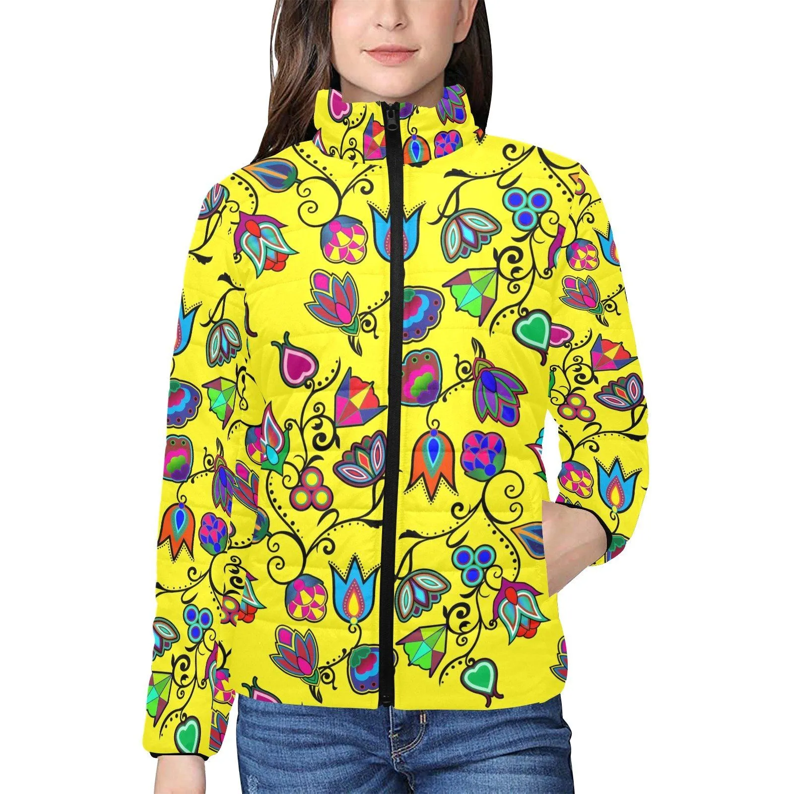 Indigenous Paisley Yellow Women's Stand Collar Padded Jacket