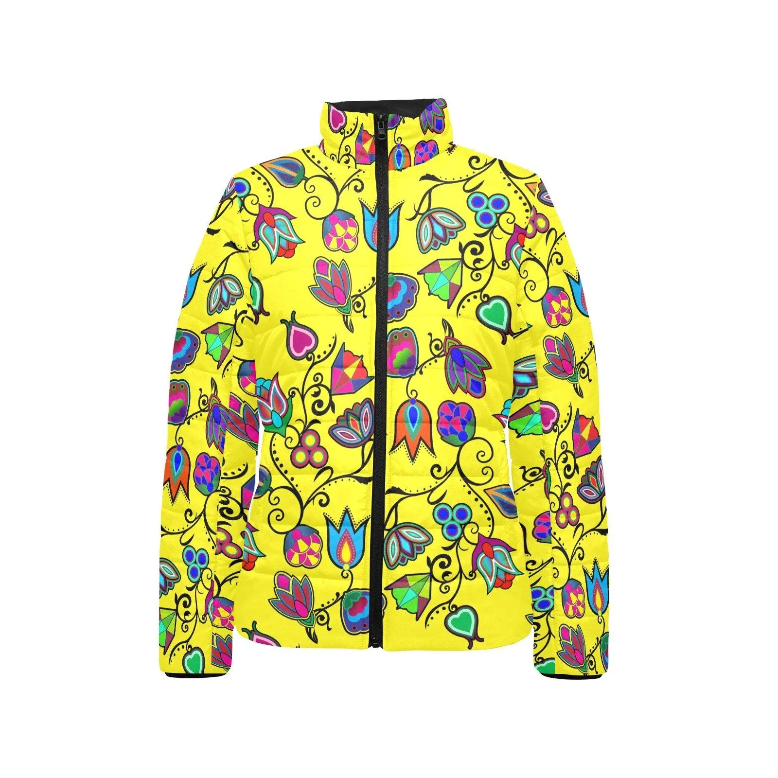 Indigenous Paisley Yellow Women's Stand Collar Padded Jacket