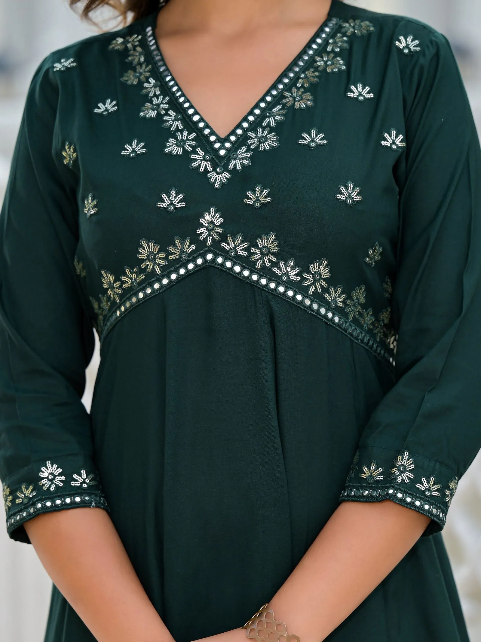 Jashvi Bottle Green Mirror Embroidered Rayon Dress With Sequins