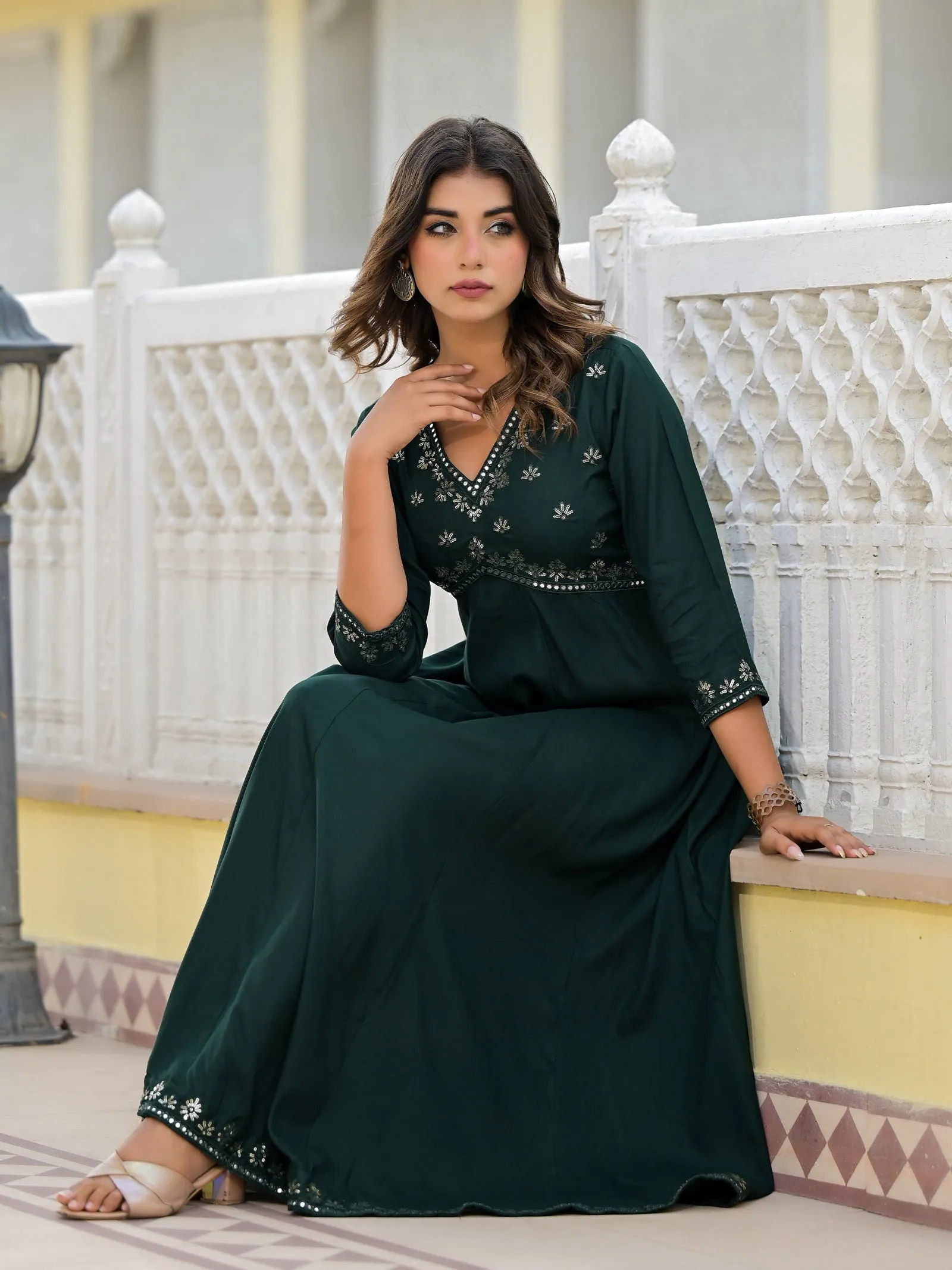 Jashvi Bottle Green Mirror Embroidered Rayon Dress With Sequins