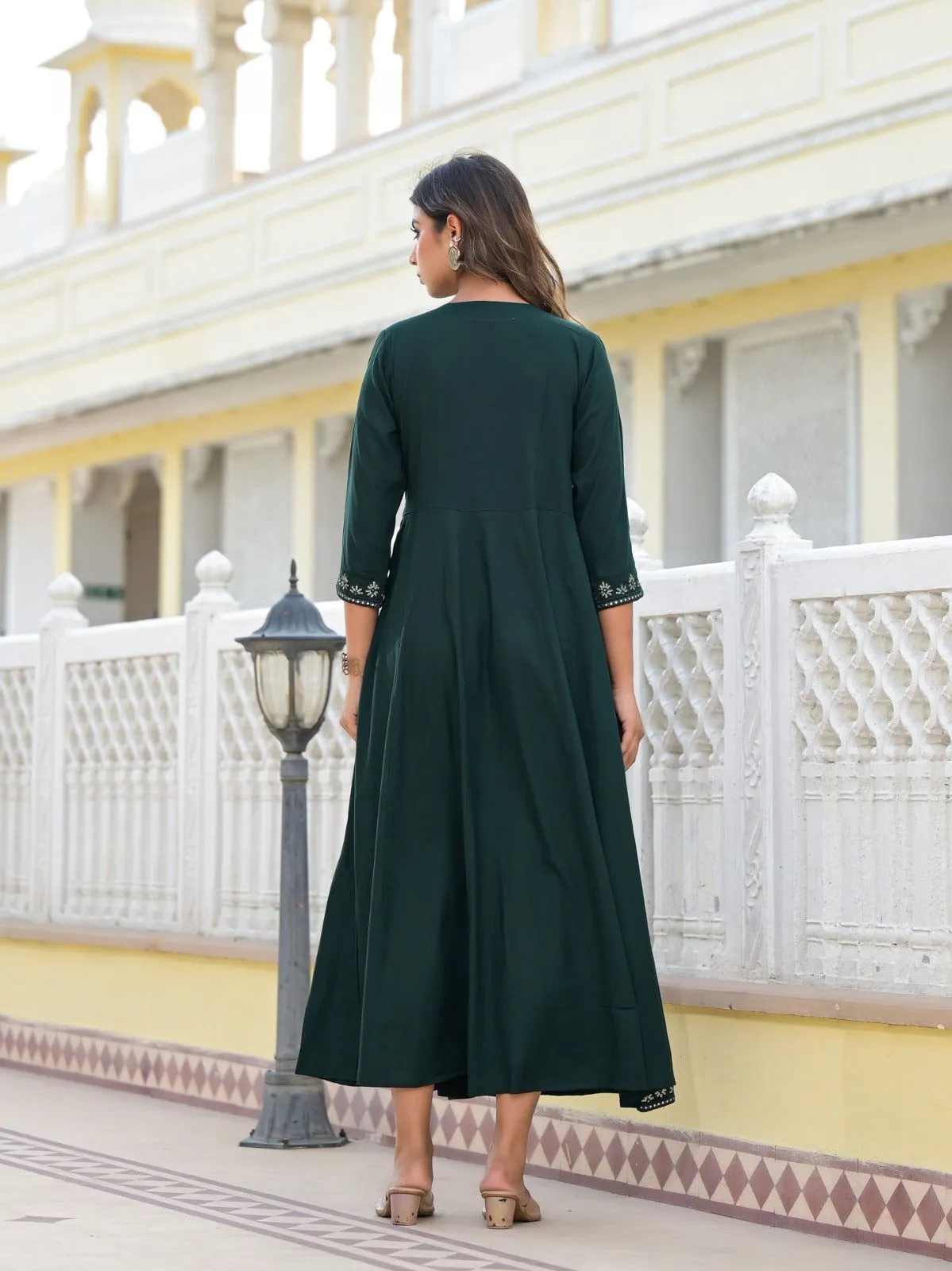 Jashvi Bottle Green Mirror Embroidered Rayon Dress With Sequins