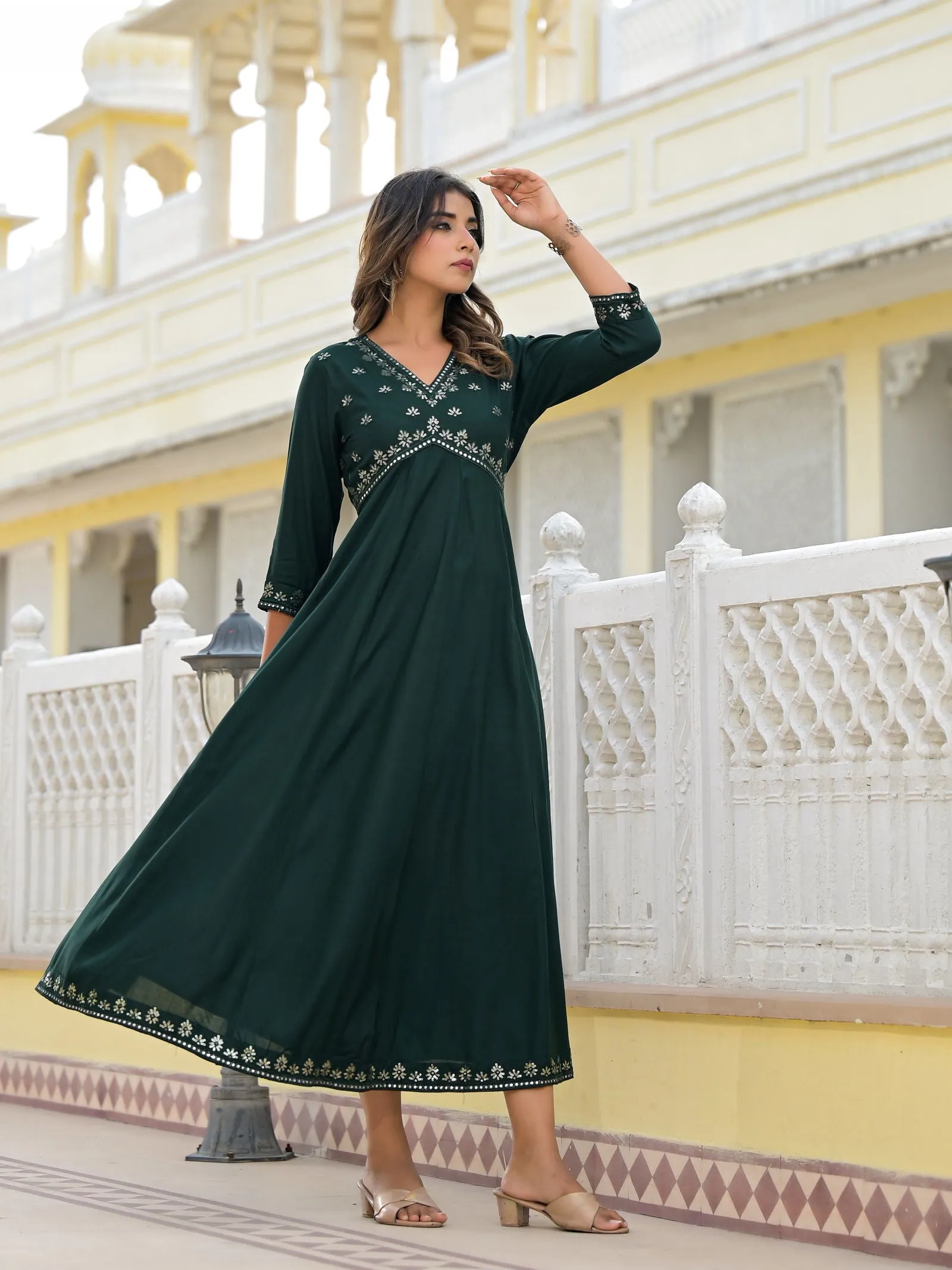 Jashvi Bottle Green Mirror Embroidered Rayon Dress With Sequins