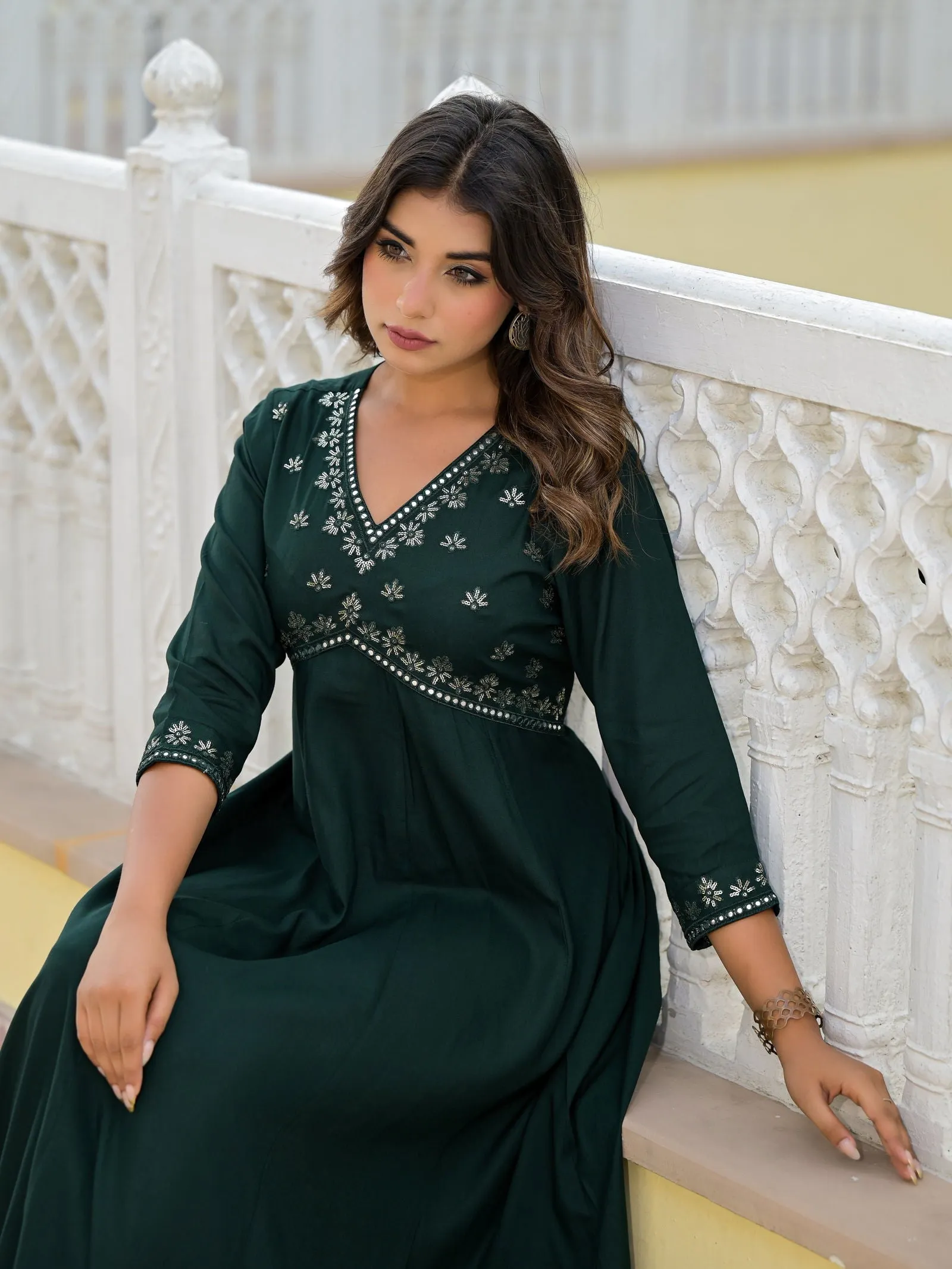 Jashvi Bottle Green Mirror Embroidered Rayon Dress With Sequins