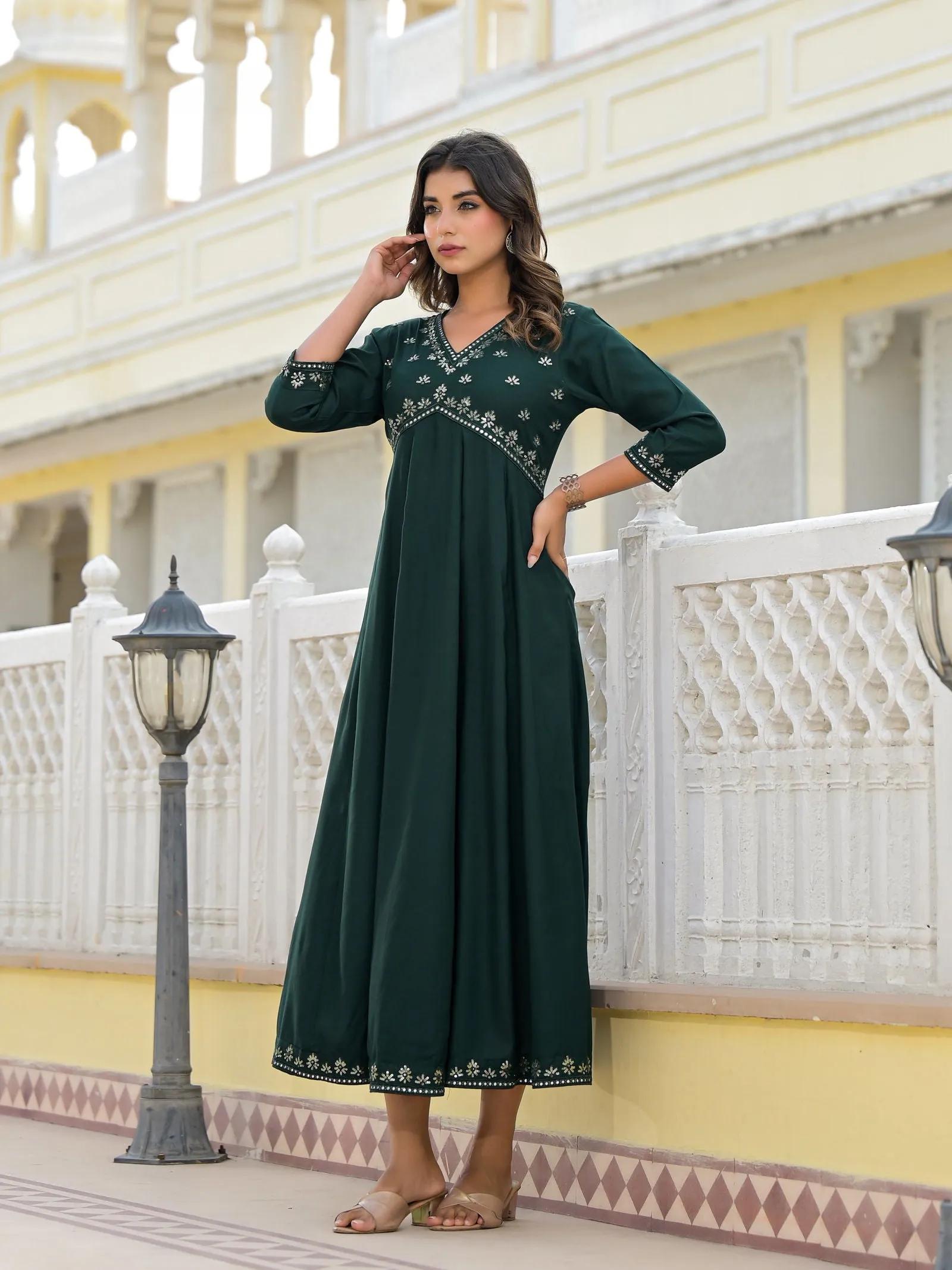 Jashvi Bottle Green Mirror Embroidered Rayon Dress With Sequins