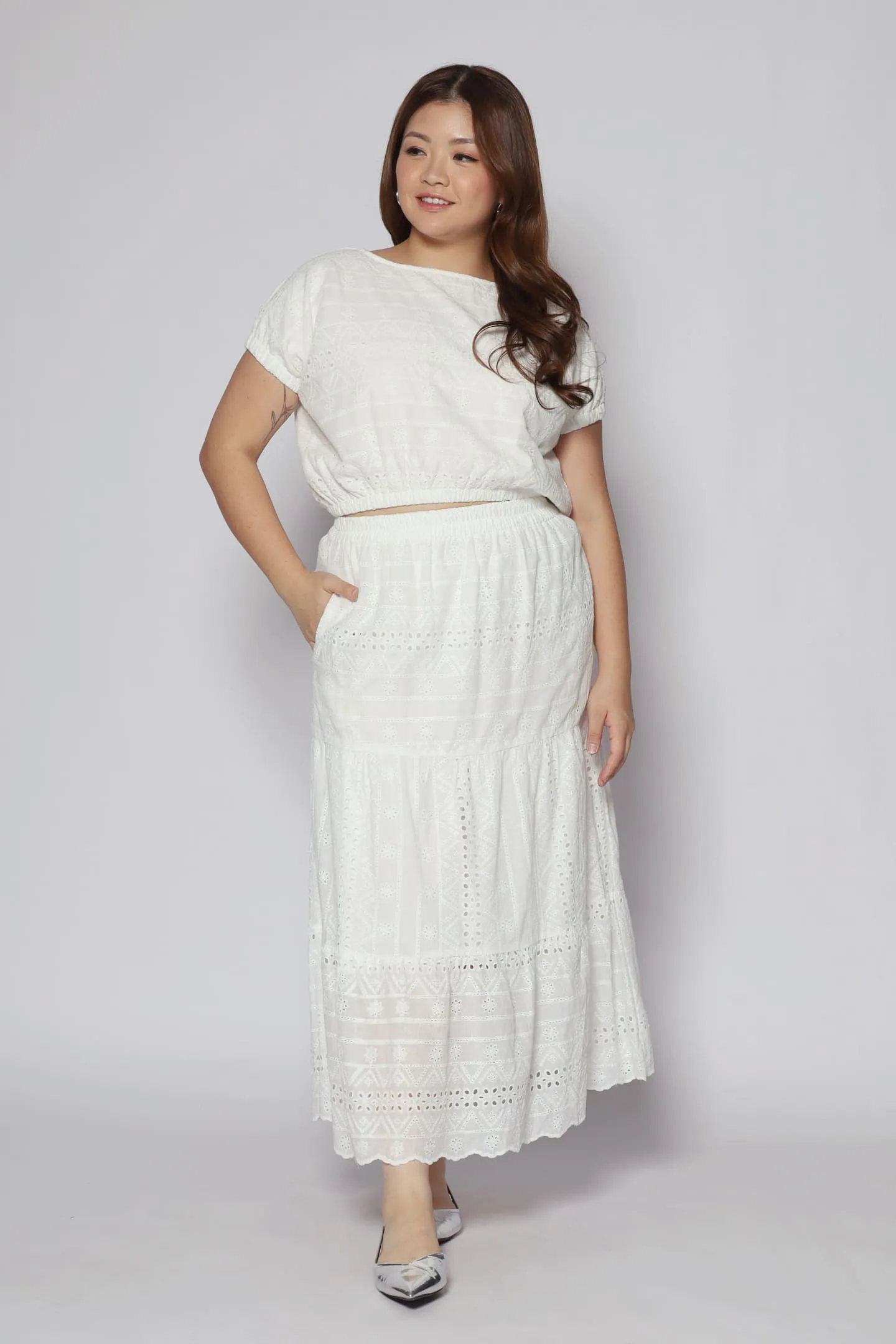 Jolin 2 in 1 Skirt Set in White Crochet