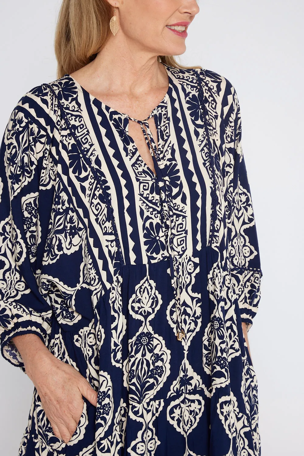 Juneau Dress - Navy/Cream Print