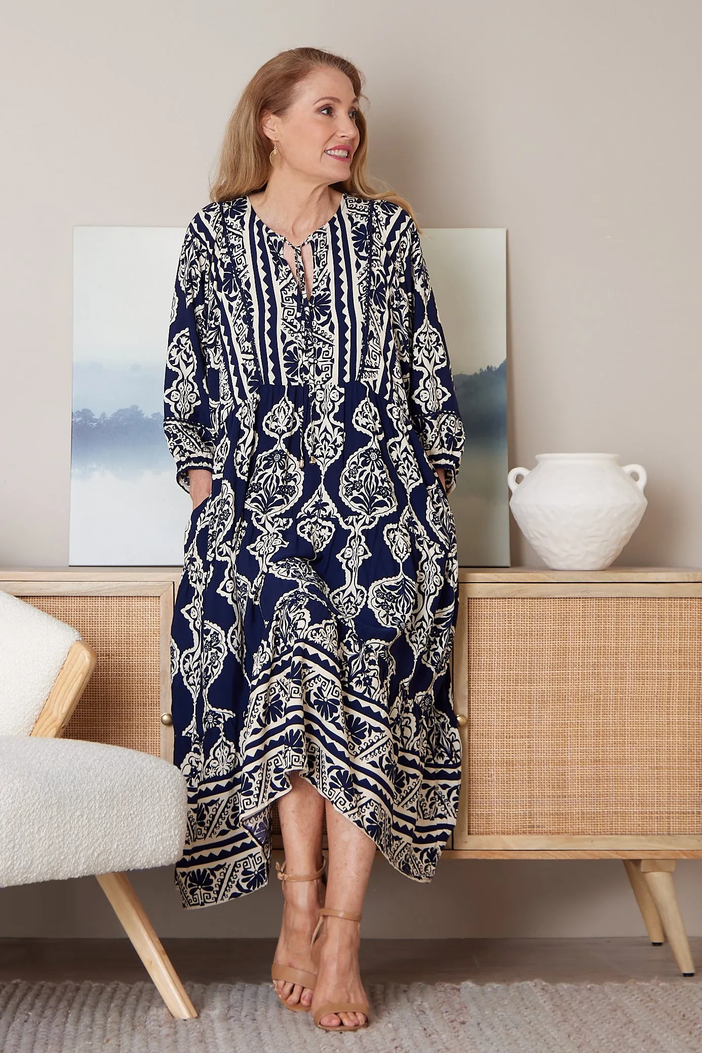 Juneau Dress - Navy/Cream Print