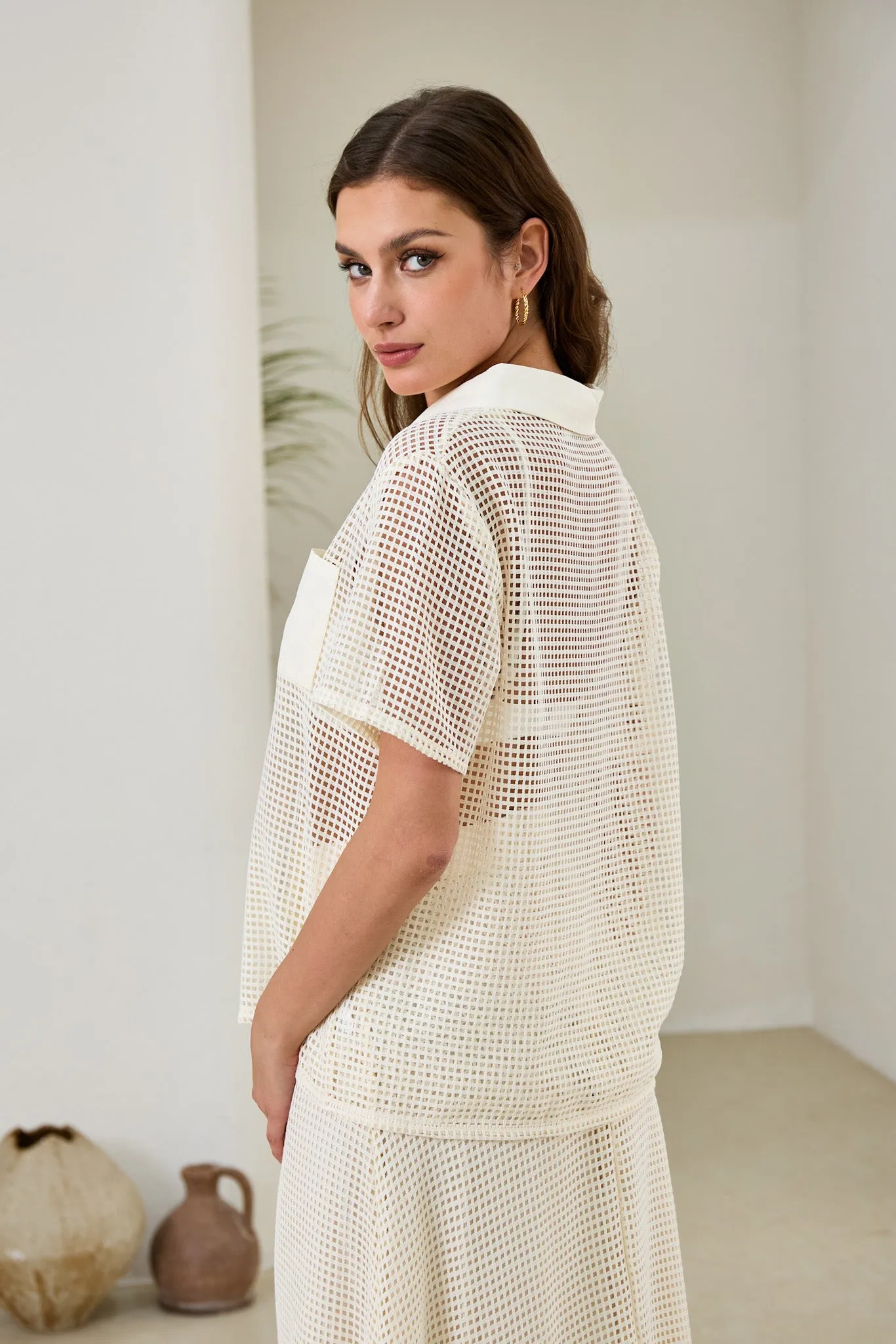 Kara Cream Open Mesh Shirt