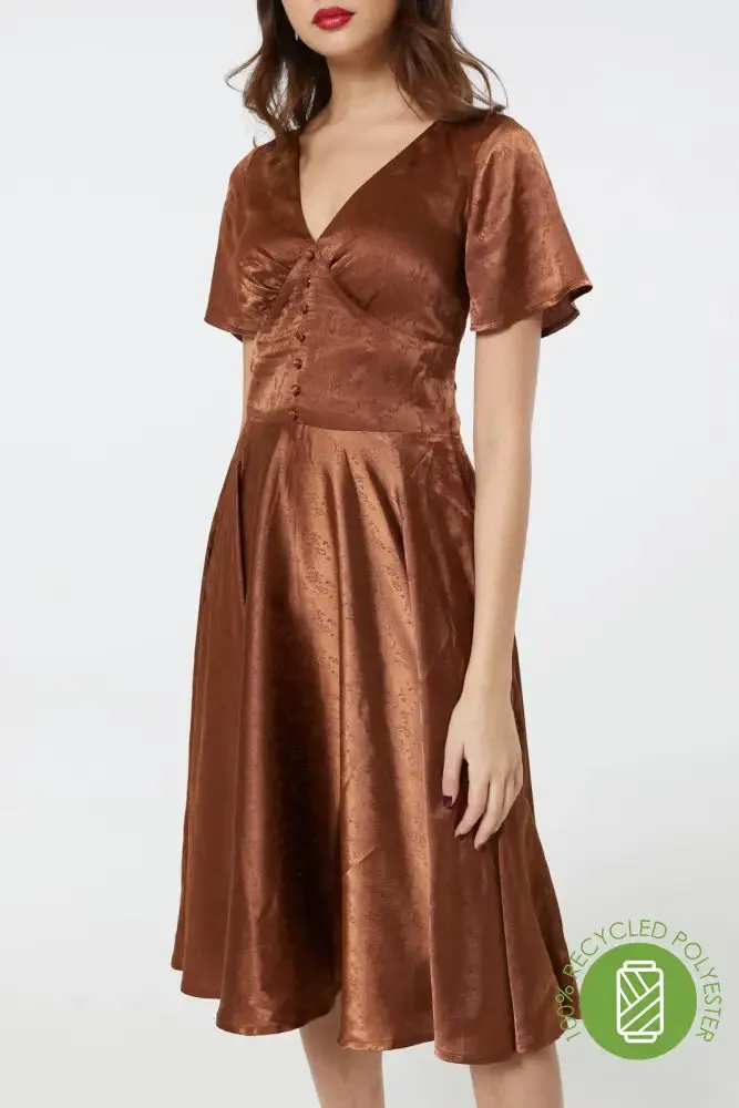 Kaylee Fit and Flare, Midi Swing Brown Dress in Jacquard