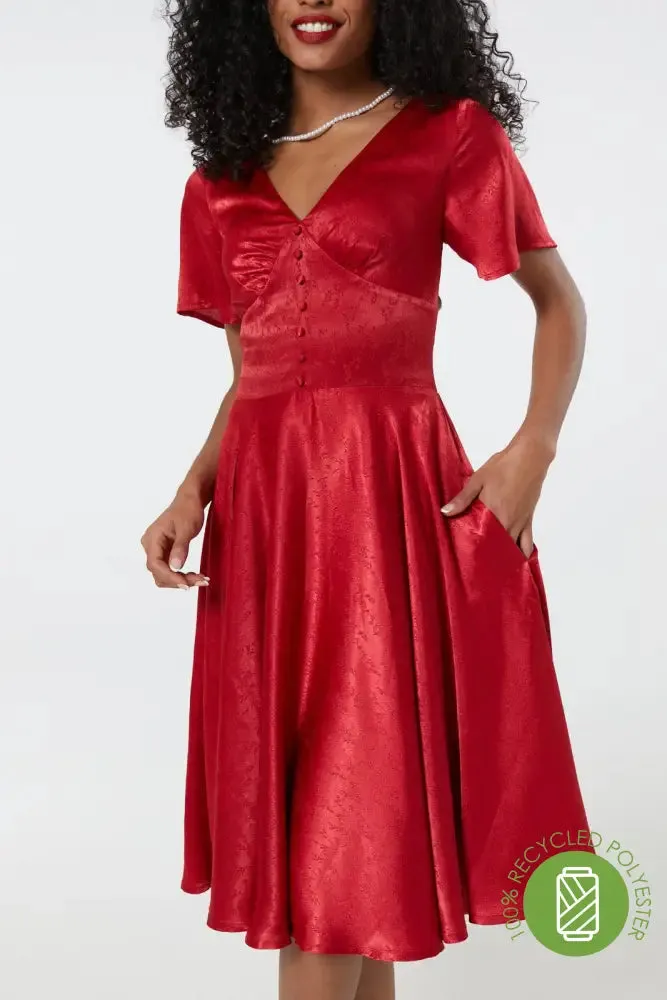 Kaylee Fit and Flare, Midi Swing Red Dress in Jacquard