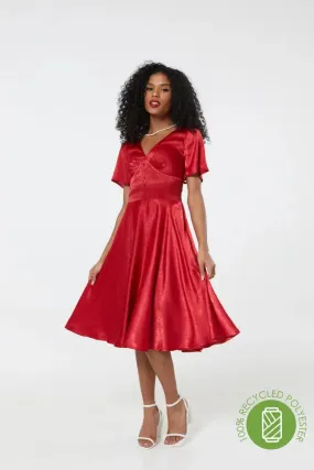 Kaylee Fit and Flare, Midi Swing Red Dress in Jacquard