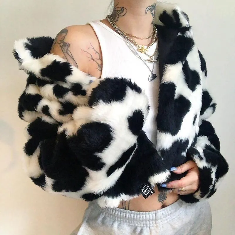 Korean Aesthetic Cow Print Plush Cropped Jacket