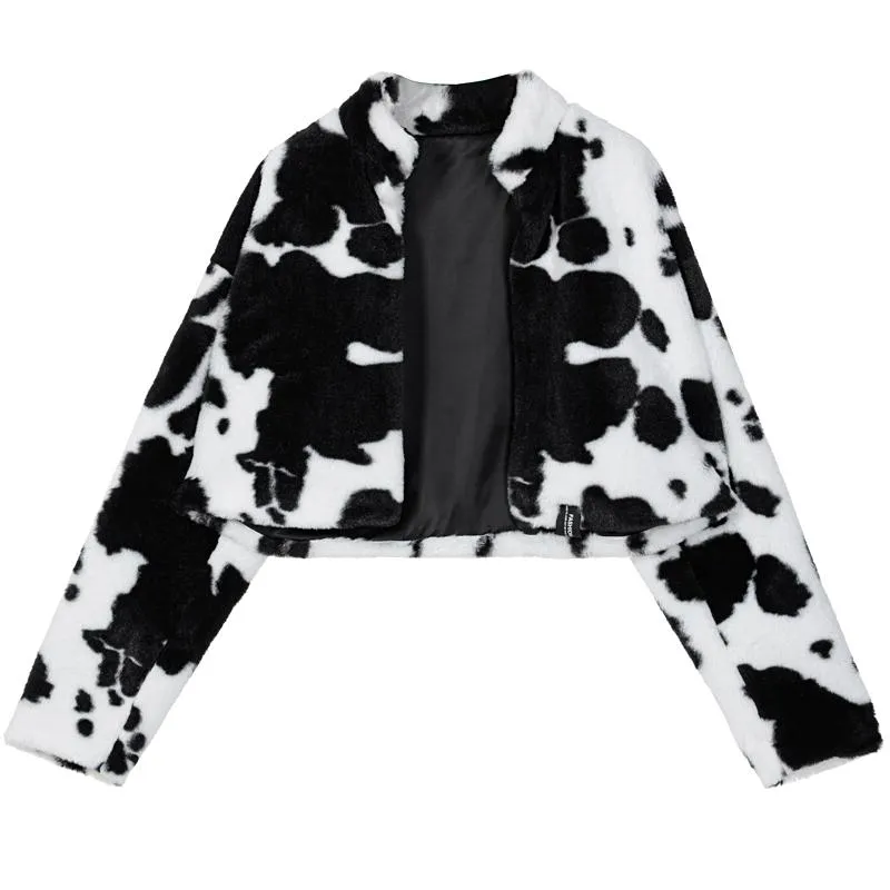 Korean Aesthetic Cow Print Plush Cropped Jacket