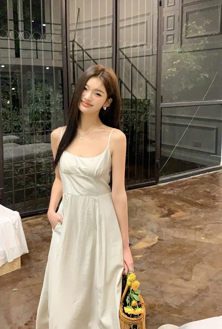 [Korean Style] Chic Apricot Spaghetti Strap A Line Long Dresses