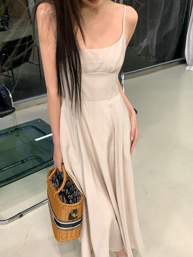 [Korean Style] Chic Apricot Spaghetti Strap A Line Long Dresses