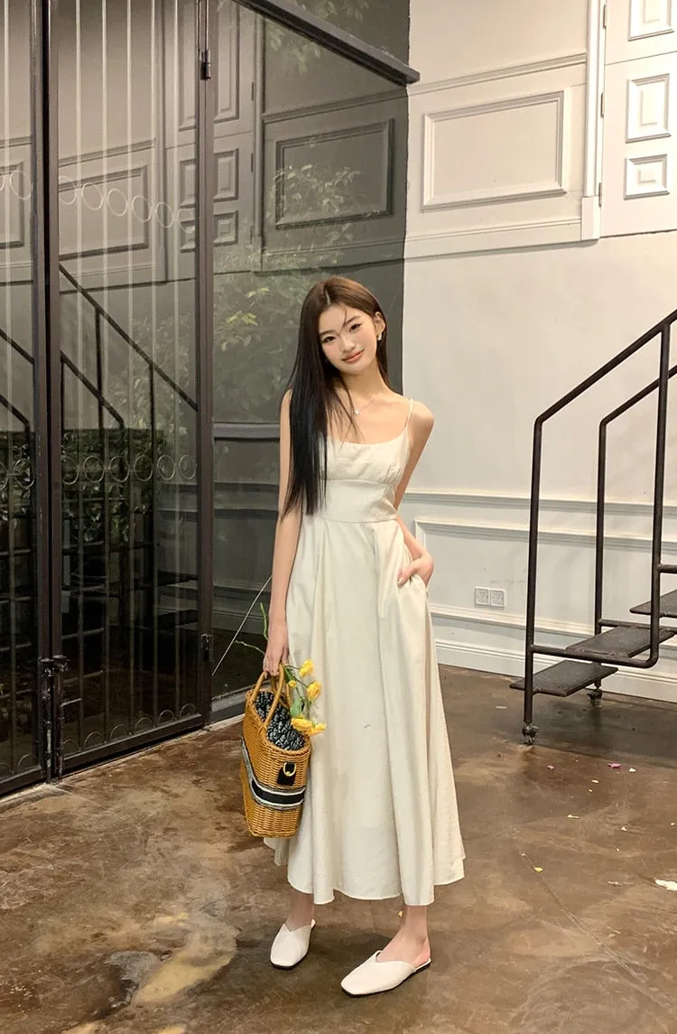 [Korean Style] Chic Apricot Spaghetti Strap A Line Long Dresses