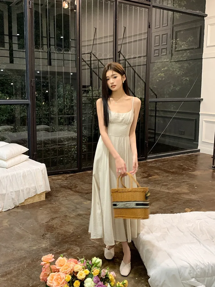 [Korean Style] Chic Apricot Spaghetti Strap A Line Long Dresses