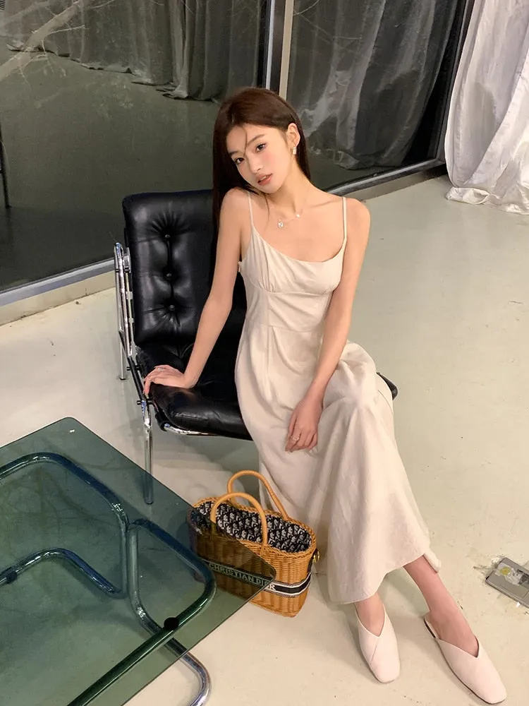 [Korean Style] Chic Apricot Spaghetti Strap A Line Long Dresses