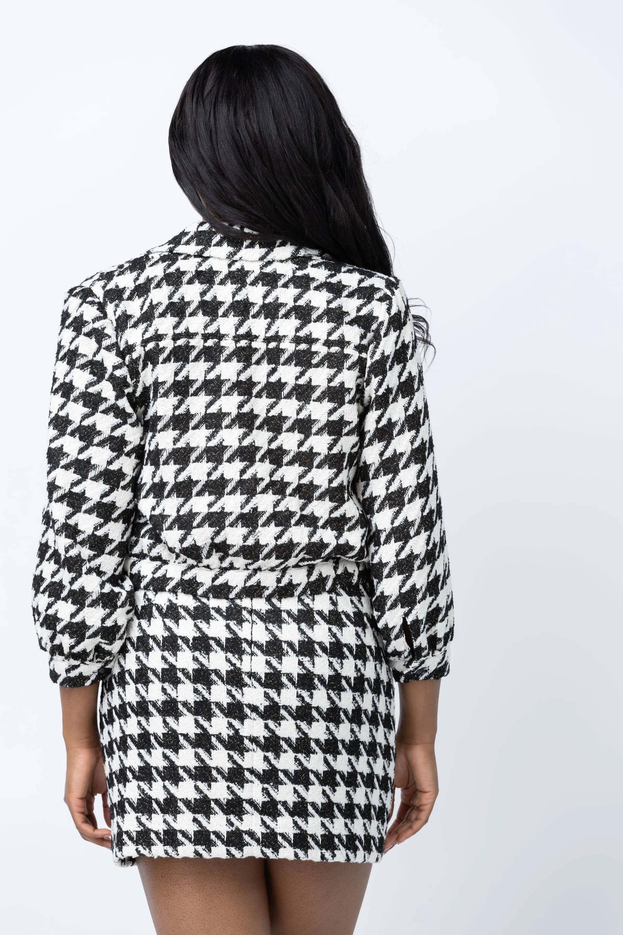 L'Agence Bridges Crop Jacket in Ecru/Black/Gold Houndstooth