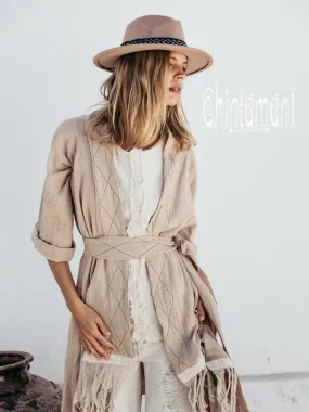 Long Fringe Kimono Wrap Cardigan for Women / Aroha Tino Beige