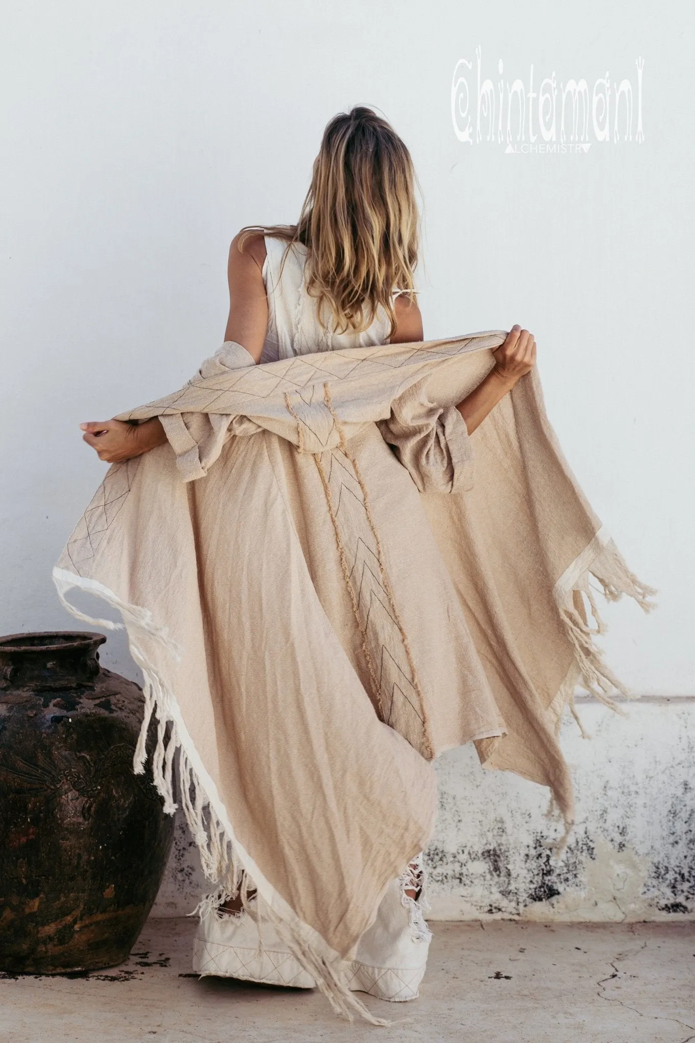 Long Fringe Kimono Wrap Cardigan for Women / Aroha Tino Beige