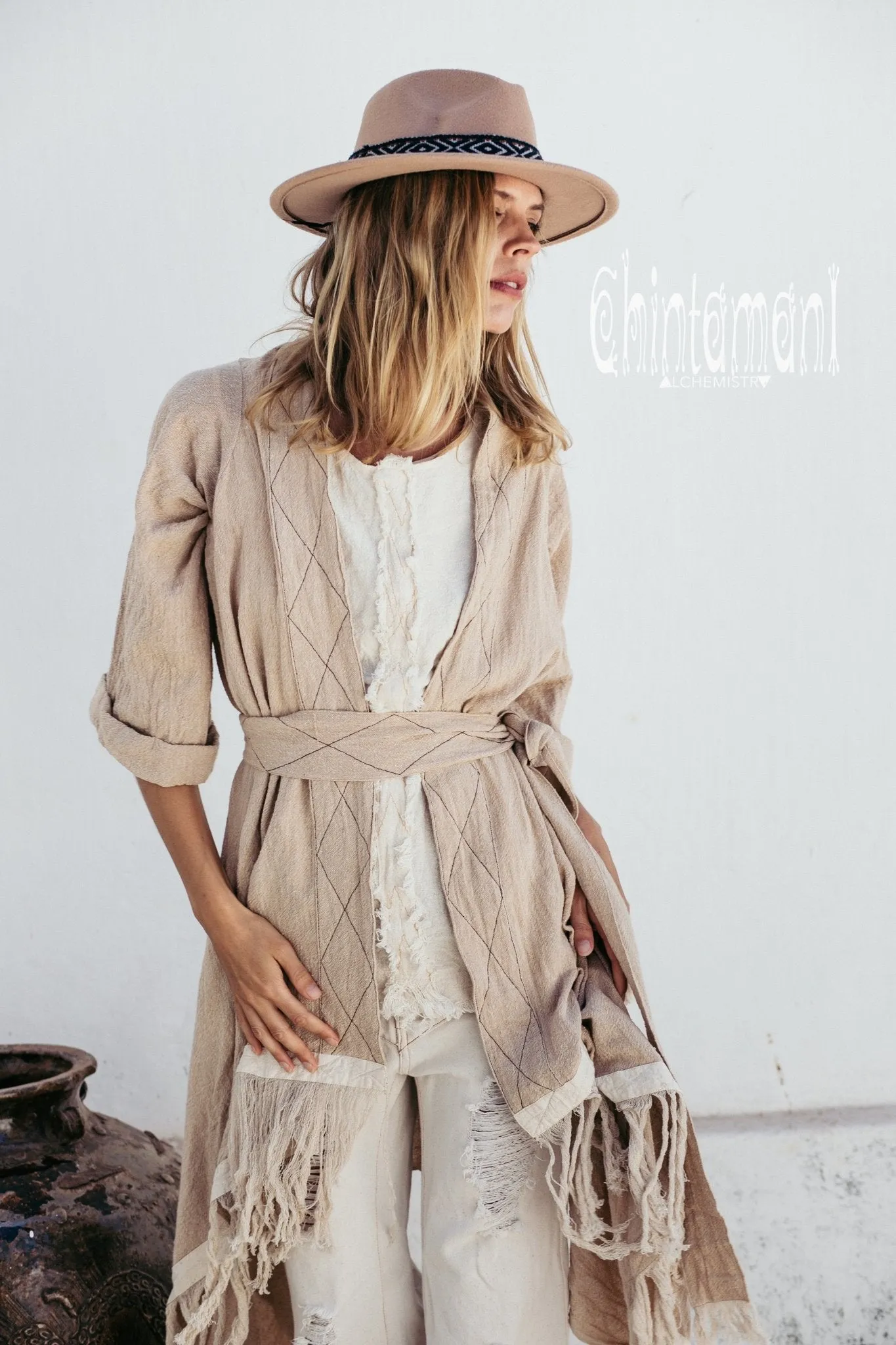 Long Fringe Kimono Wrap Cardigan for Women / Aroha Tino Beige