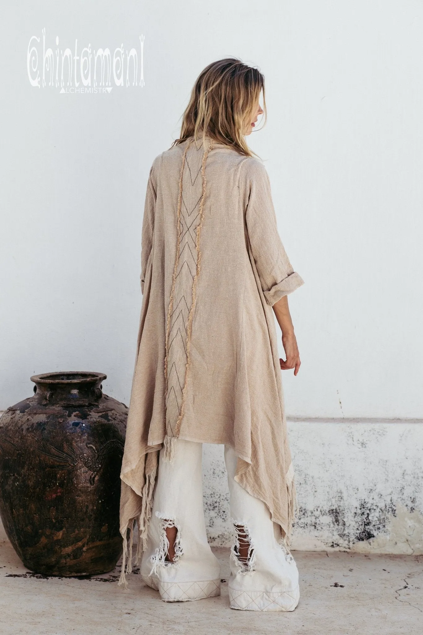 Long Fringe Kimono Wrap Cardigan for Women / Aroha Tino Beige