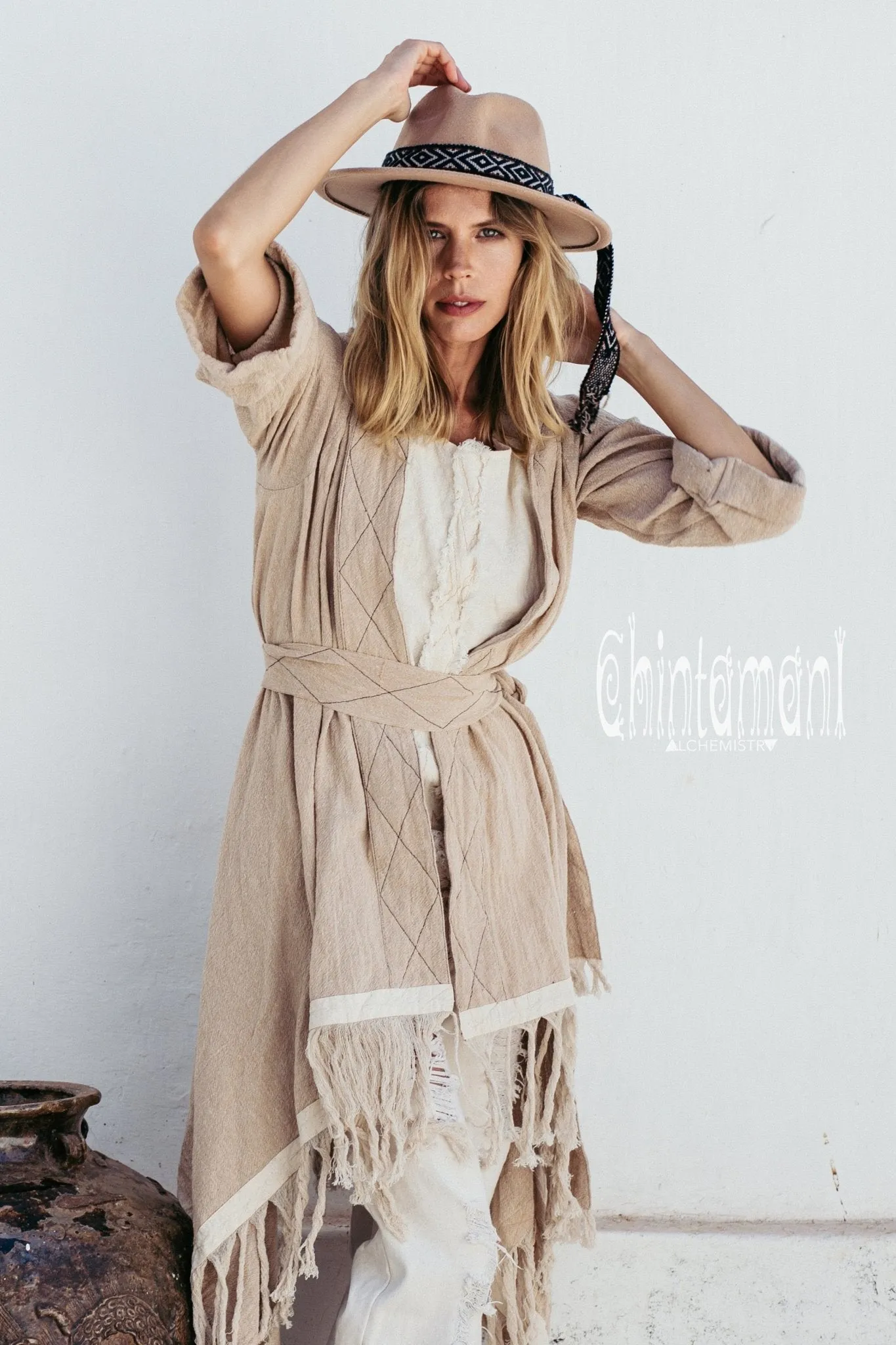 Long Fringe Kimono Wrap Cardigan for Women / Aroha Tino Beige