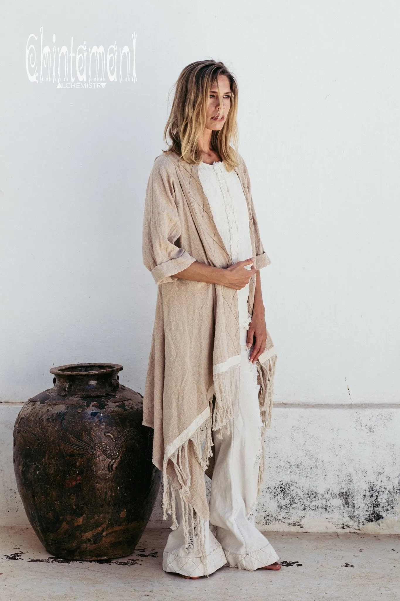 Long Fringe Kimono Wrap Cardigan for Women / Aroha Tino Beige