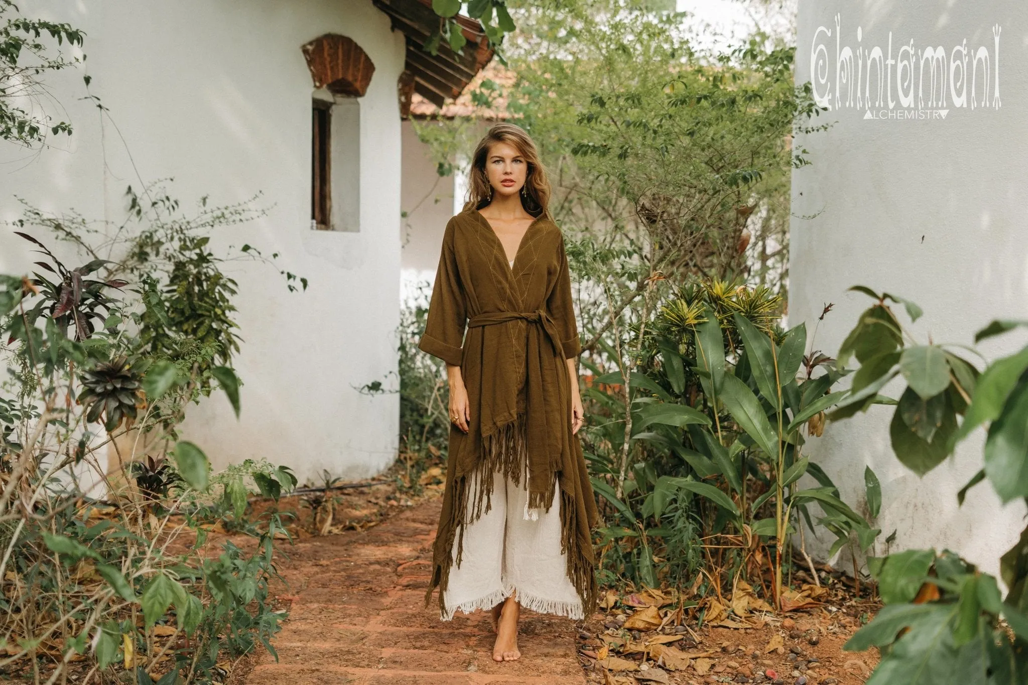 Long Fringe Kimono Wrap Cardigan for Women / Aroha Tino Brown