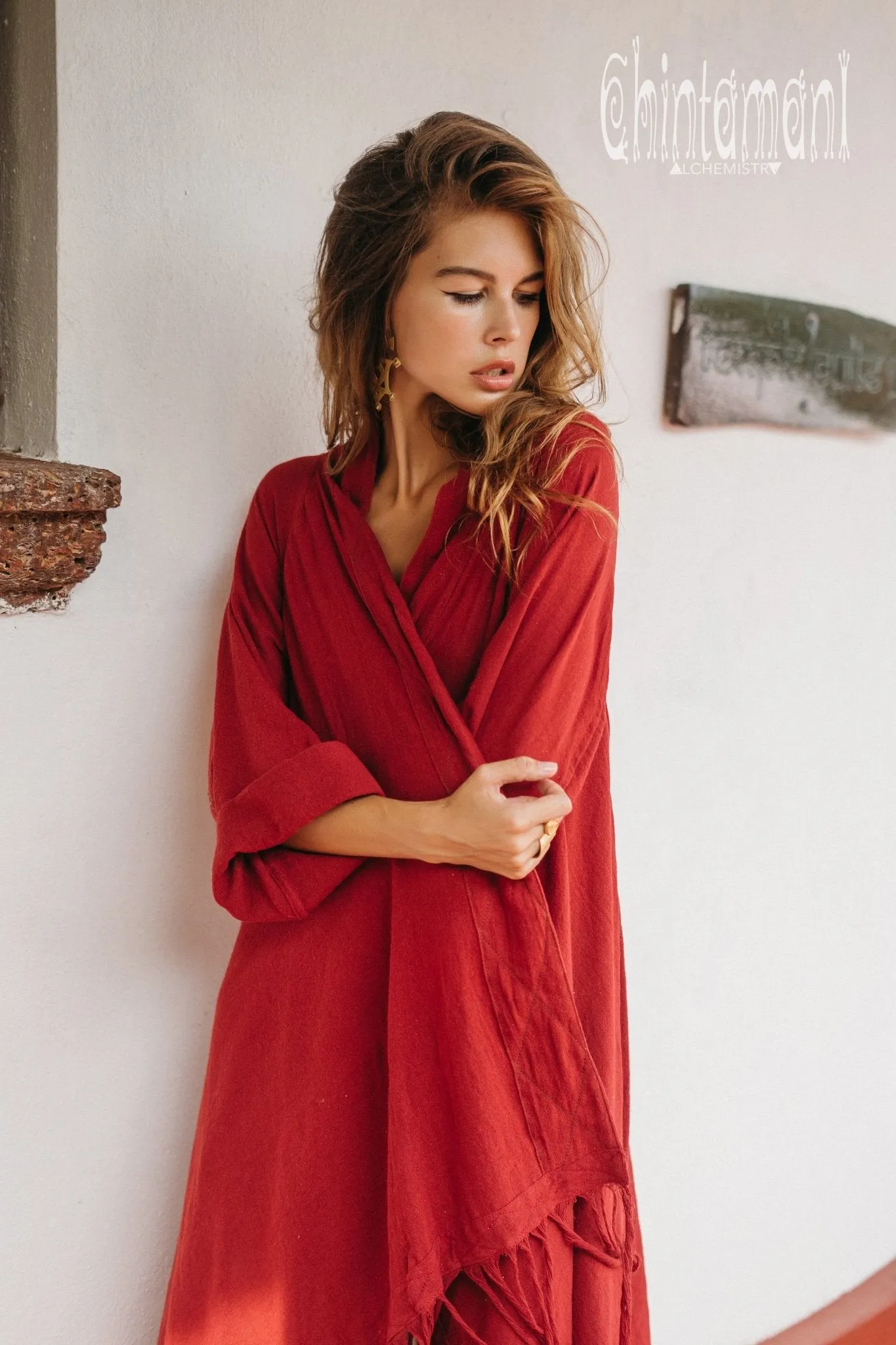 Long Fringe Kimono Wrap Cardigan for Women / Aroha Tino Red Ochre