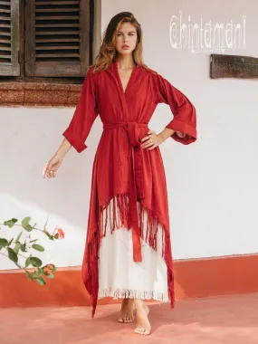 Long Fringe Kimono Wrap Cardigan for Women / Aroha Tino Red Ochre