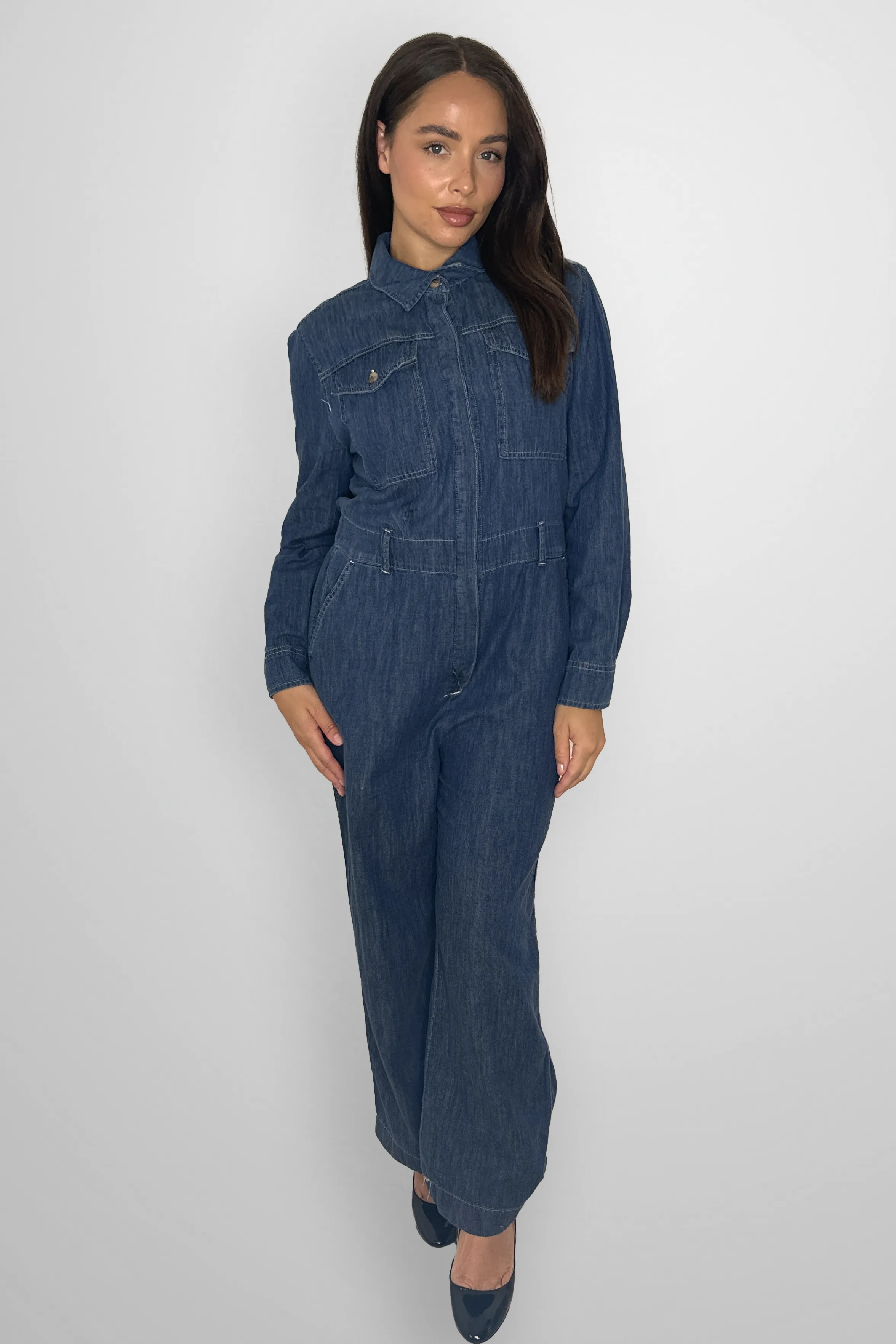 Long Sleeve Straight Leg Lightweight Denim Jumpsuit