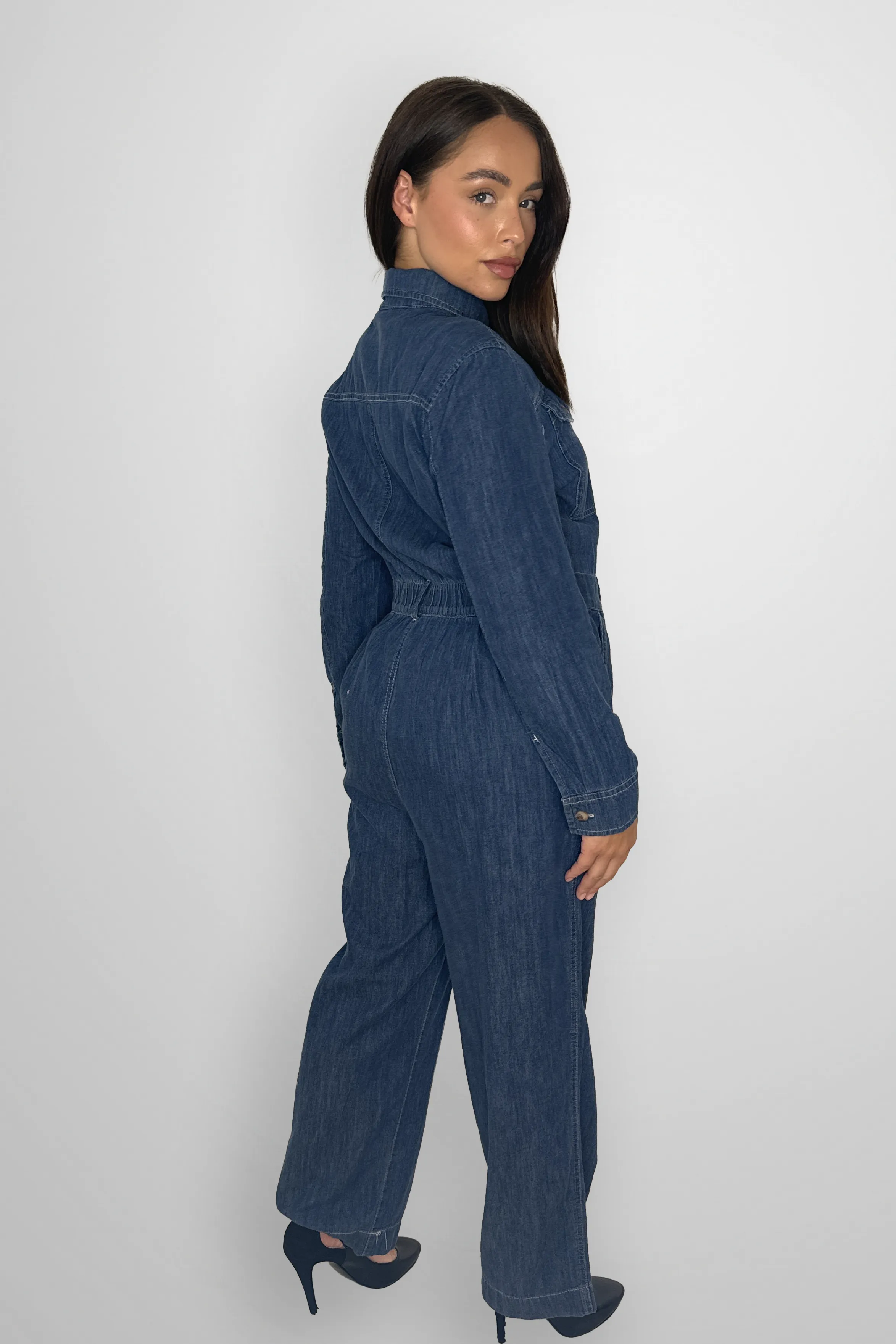 Long Sleeve Straight Leg Lightweight Denim Jumpsuit